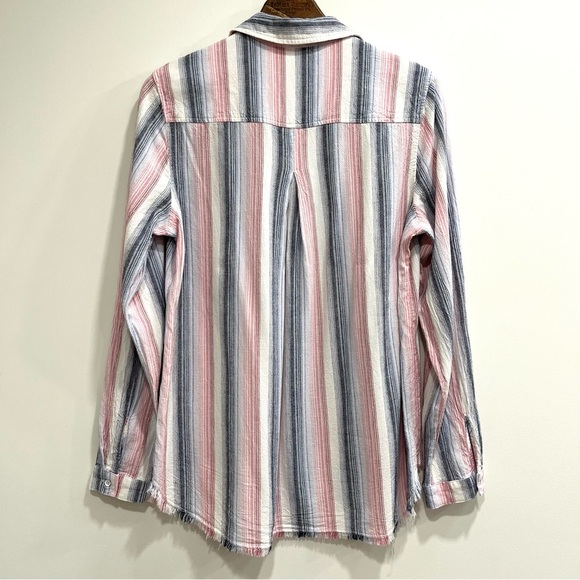 Bella Dahl Striped Linen-Blend Collared Blouse Button Up Blue Pink Size Large - Picture 4 of 11